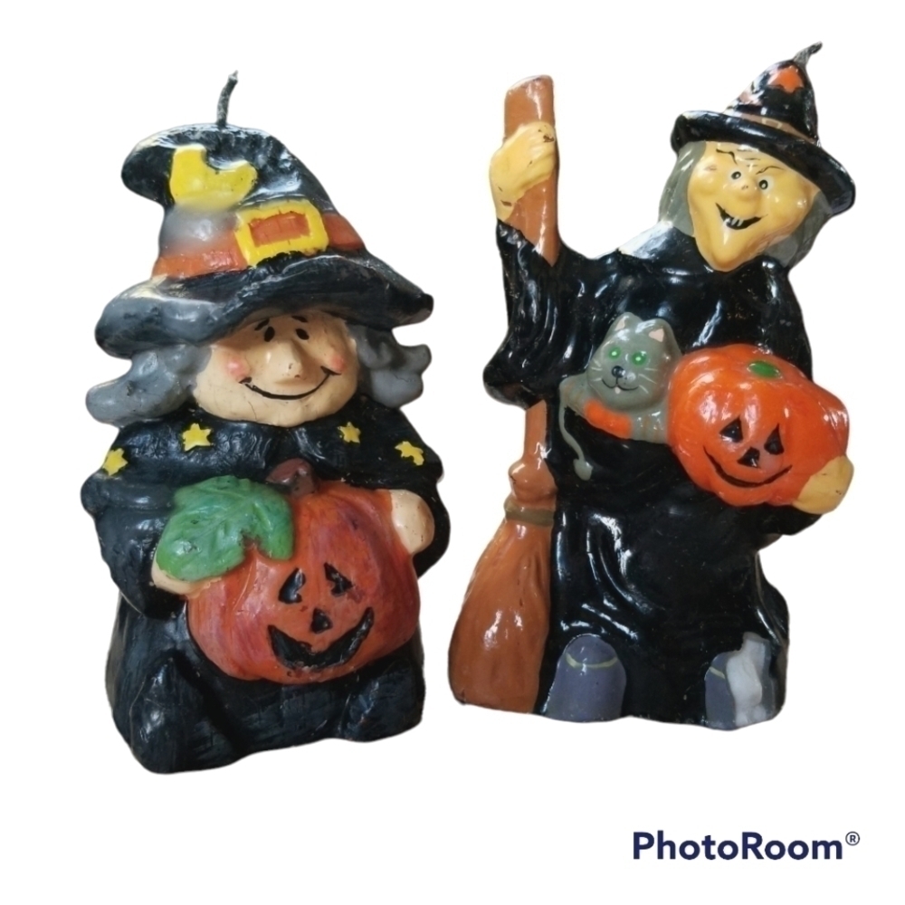 Set of Vintage Halloween Witch Pumpkin Cat Candles